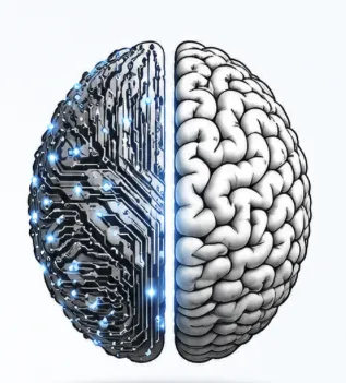 Illustration showing a circuit-based AI half of a brain alongside a human half