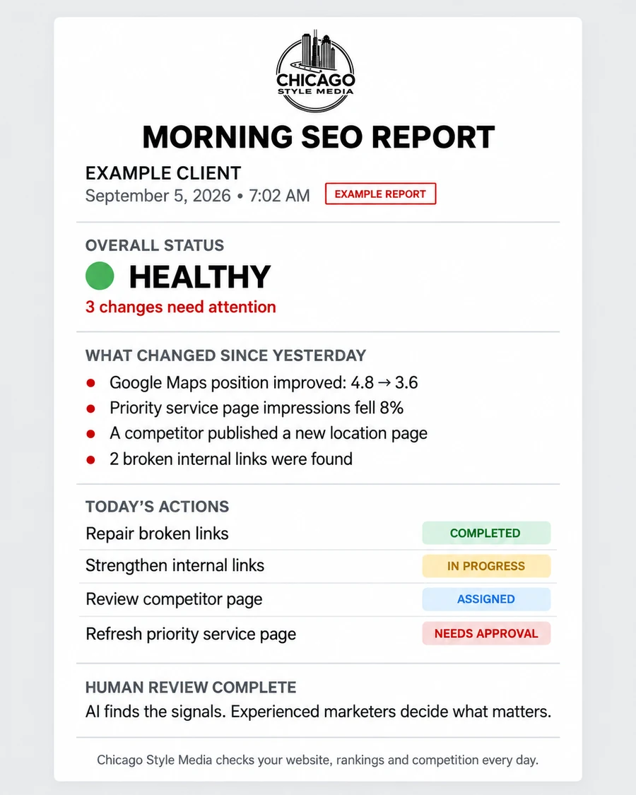 Morning SEO report example used to review website and visibility findings