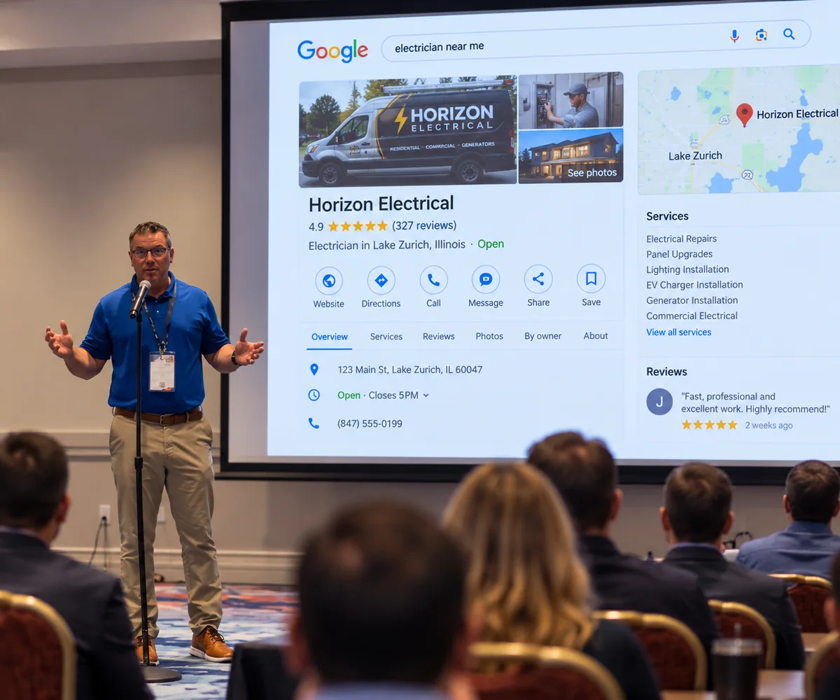 Patrick McDonald speaking to business owners about Google Business Profile optimization